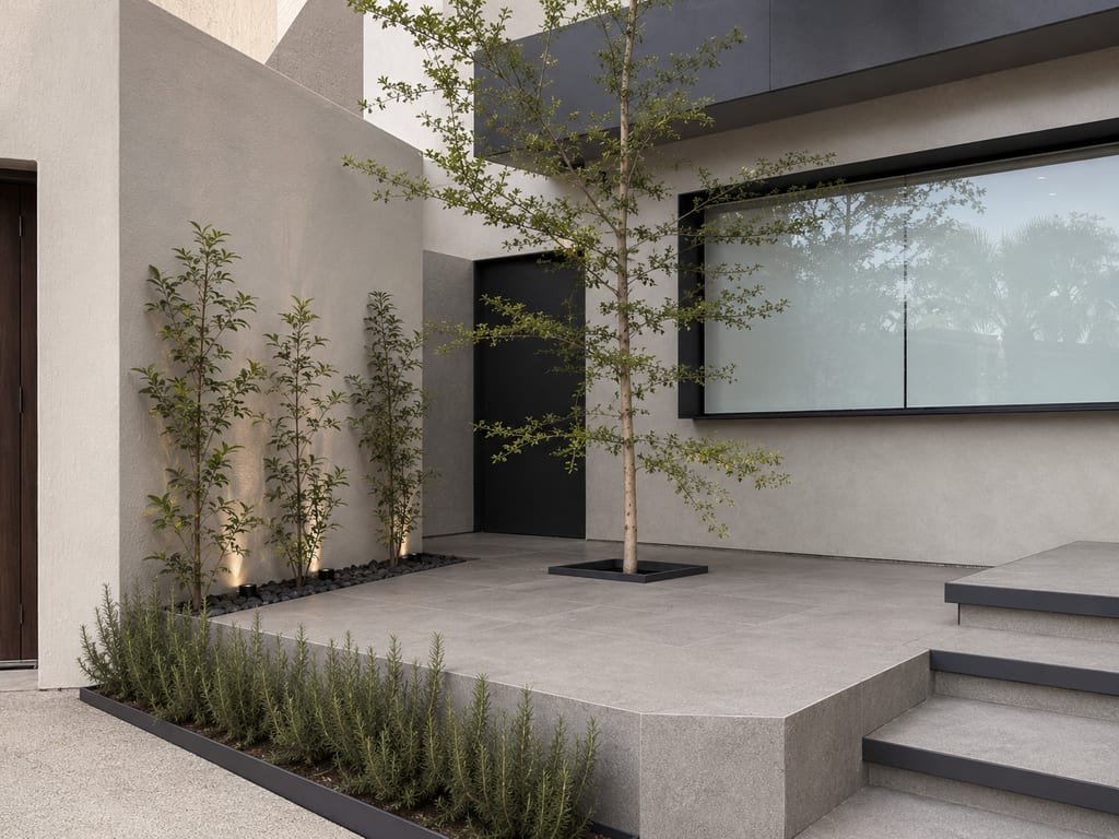 Entrada de Casa El Olivo con árbol y jardinera de piedra