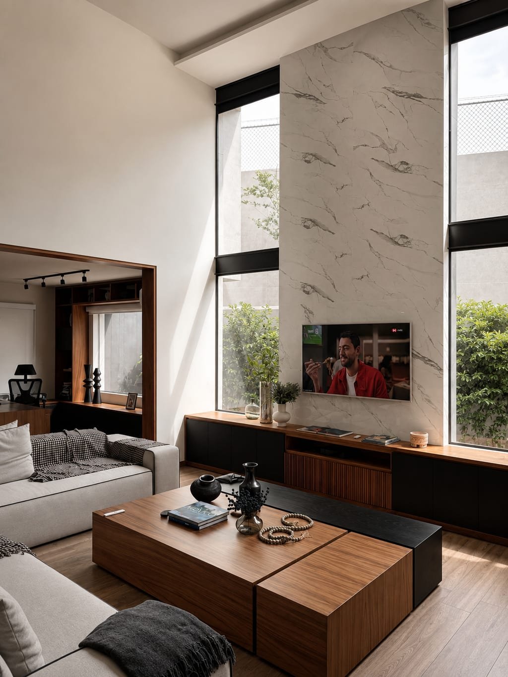 Estancia con muro de mármol y televisión