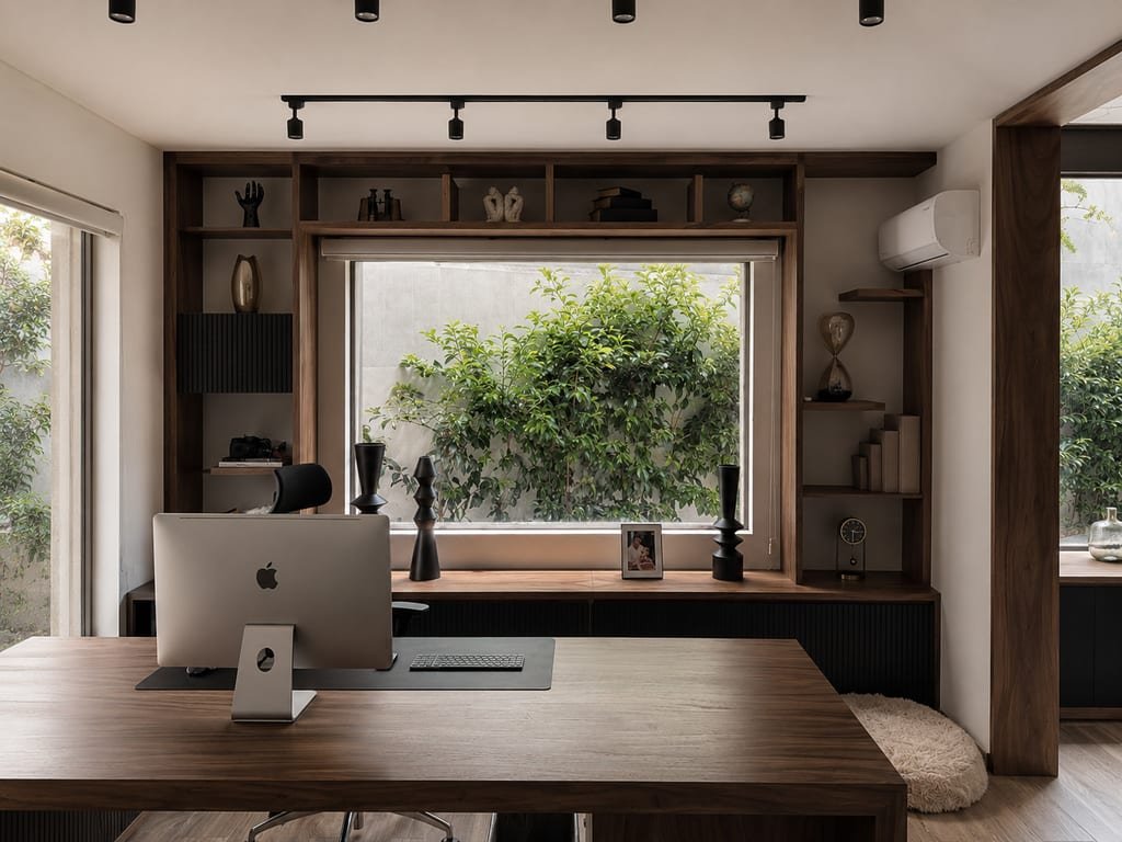 Estudio con escritorio de nogal y libreros integrados