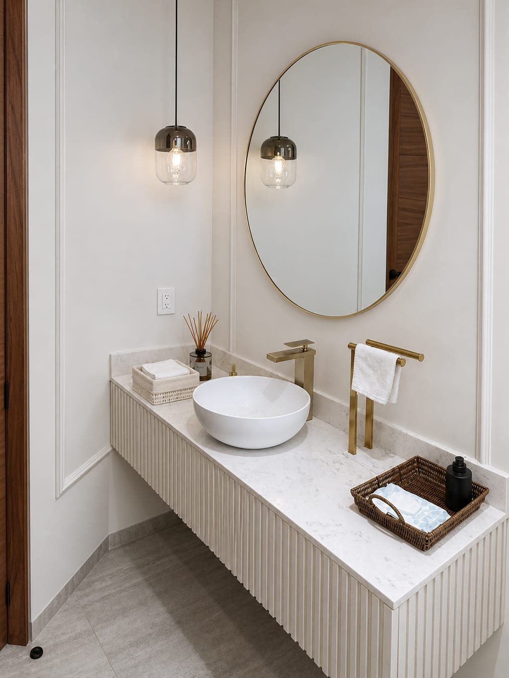 Baño de visitas de Casa El Olivo: mueble volado de listones, cubierta de mármol, espejo redondo con aro dorado y molduras en los muros