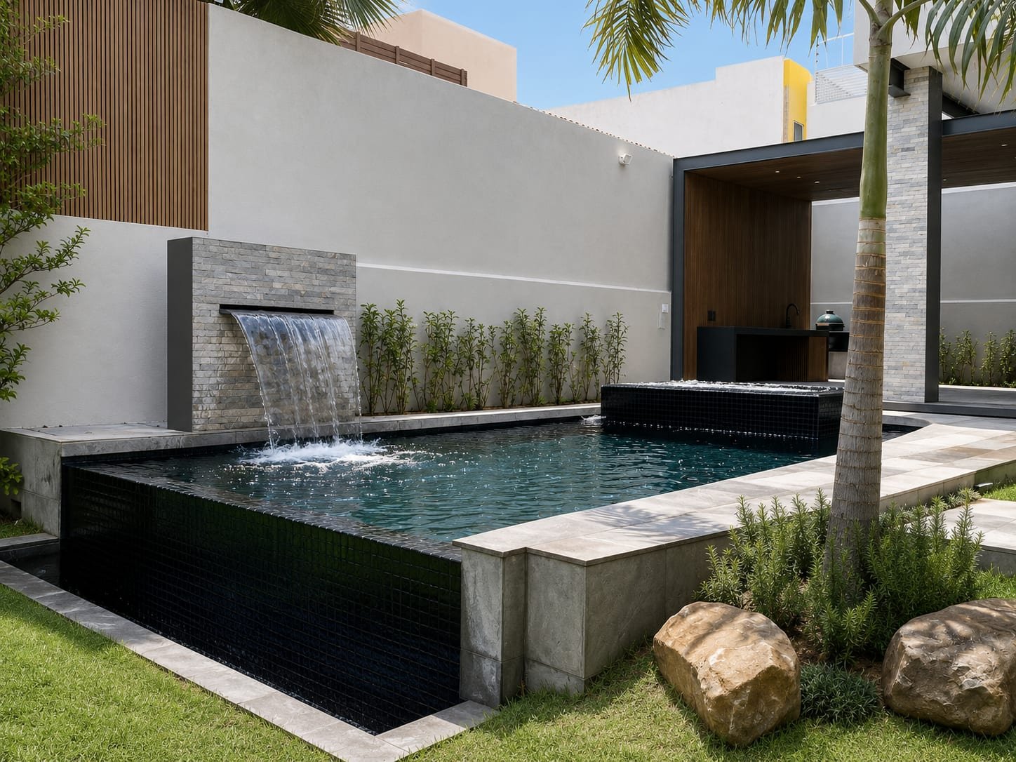 Casa La Palma, patio con alberca oscura y cascada de piedra