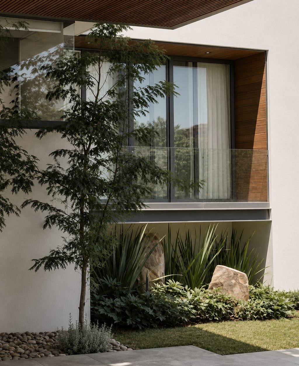 Casa La Palma, jardín con arbolado joven junto al balcón
