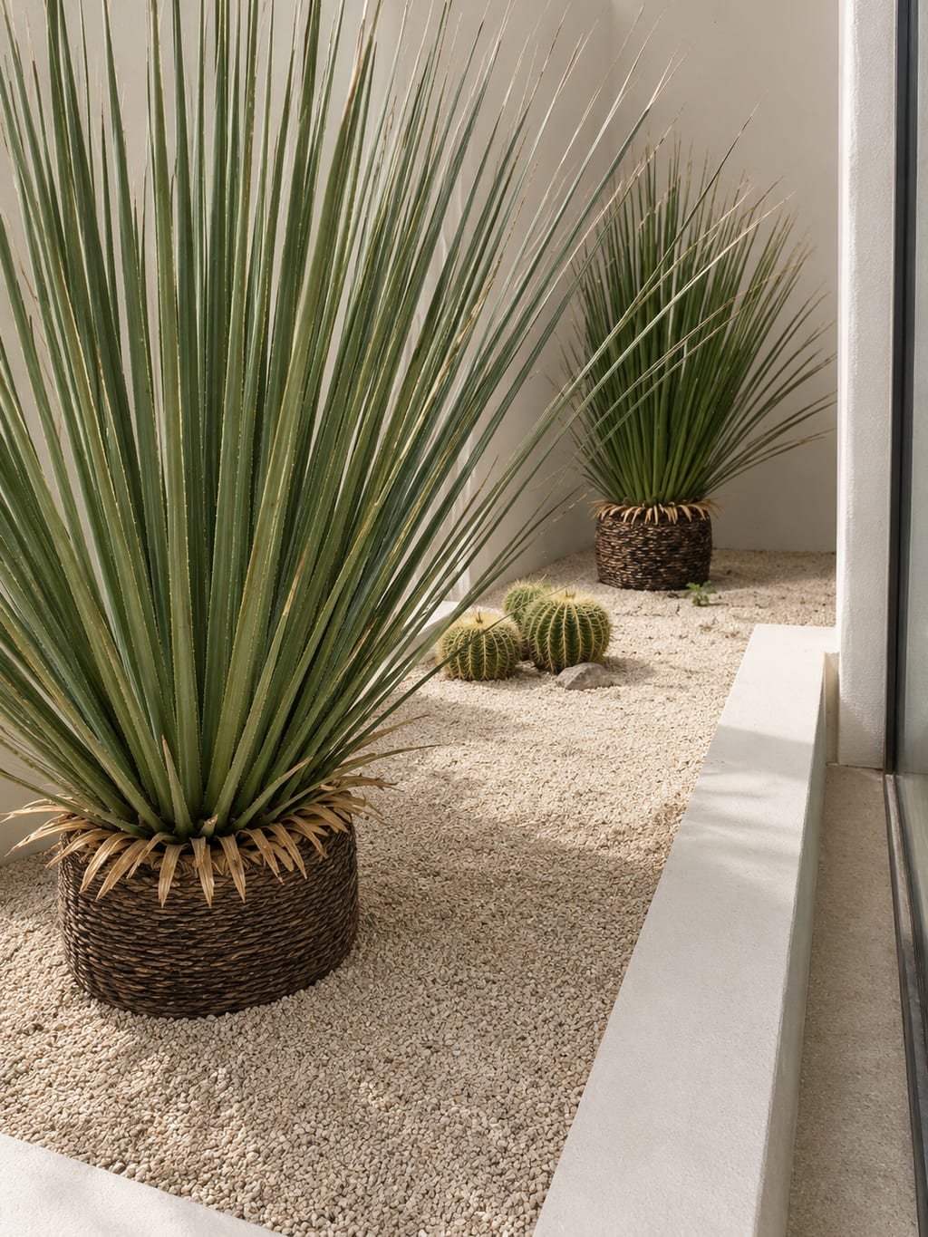 Casa La Palma, patio de gravas con agaves en macetas de tejido