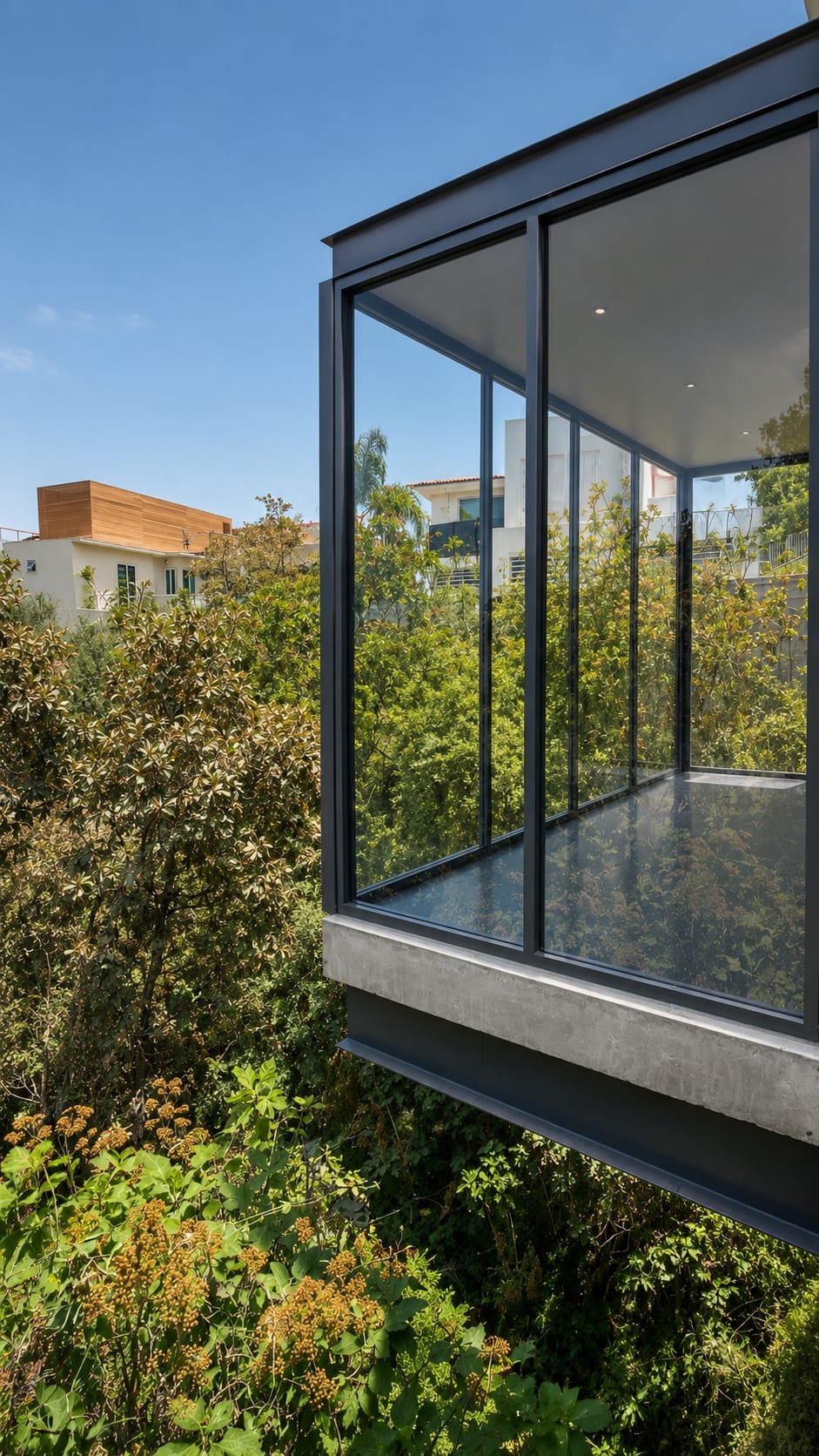 Volumen acristalado de Casa La Palma en voladizo sobre la vegetación