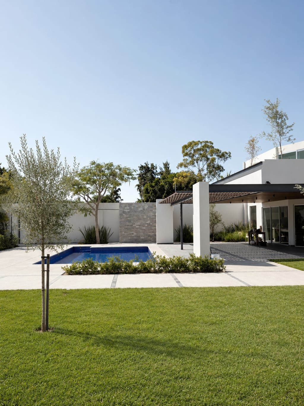 Casa La Blanca, alberca y terraza entre muros blancos