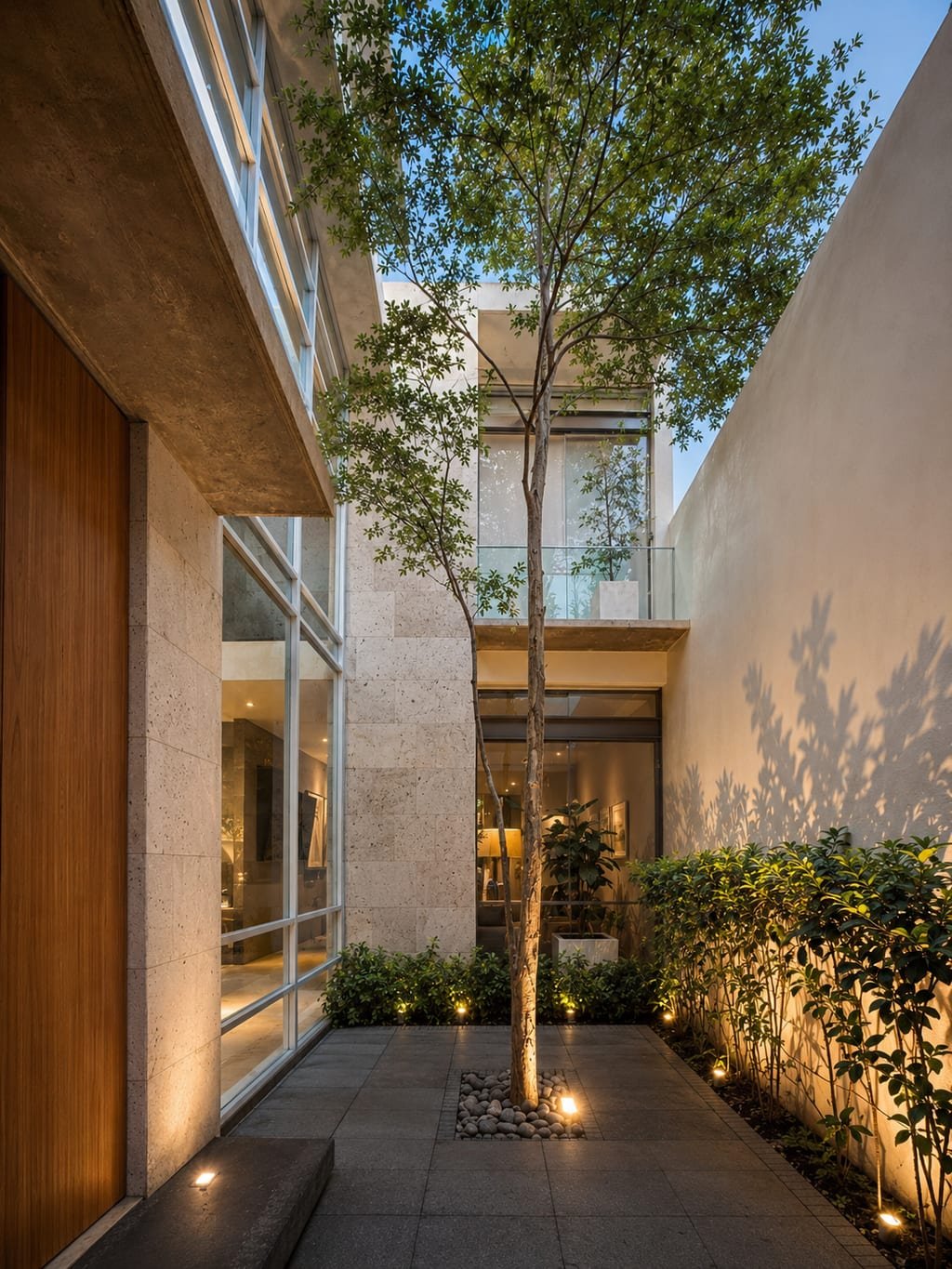 Patio interior de Casa Quatro con el árbol iluminado al anochecer