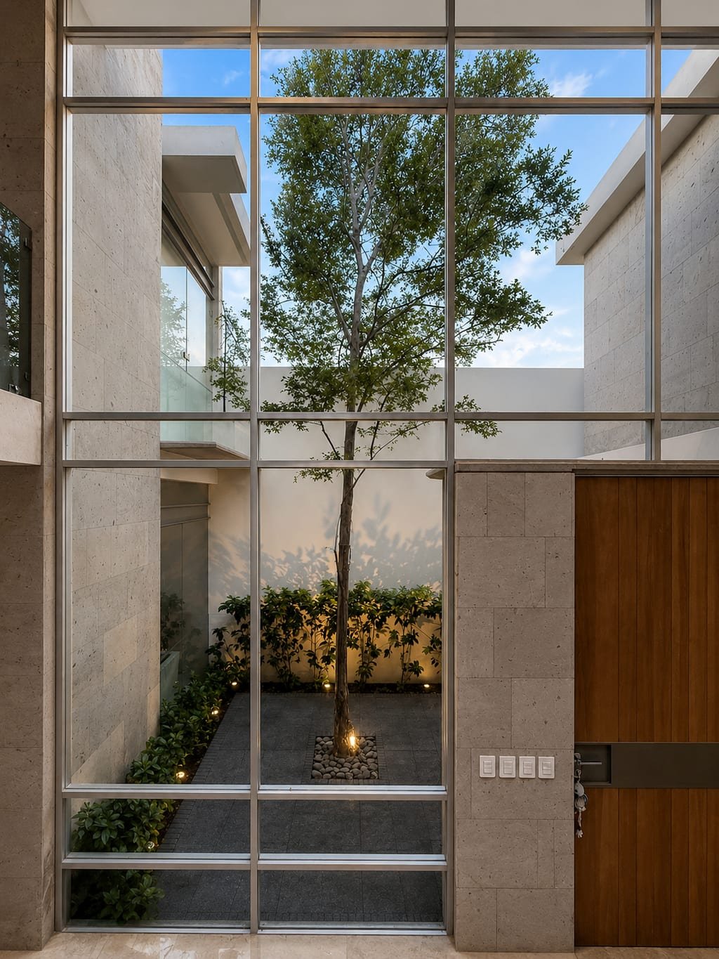 El patio de Casa Quatro visto desde el vestíbulo a través del muro de cristal
