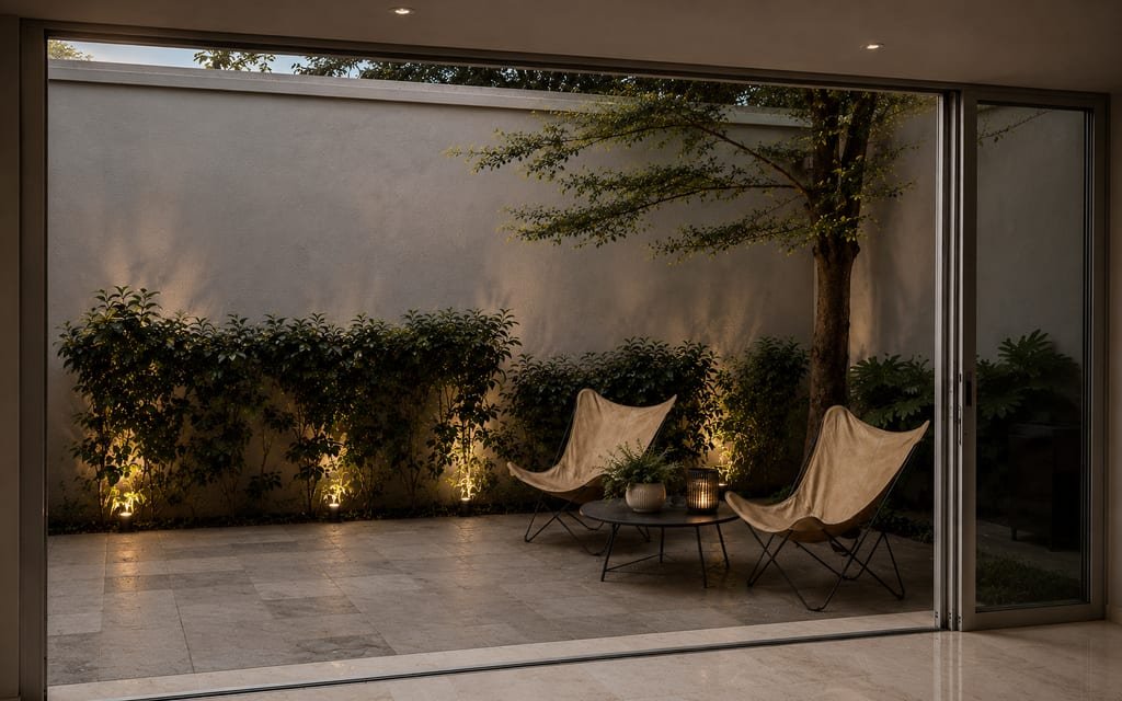 Terraza de Casa Quatro abierta al patio, con sillones bajo el árbol