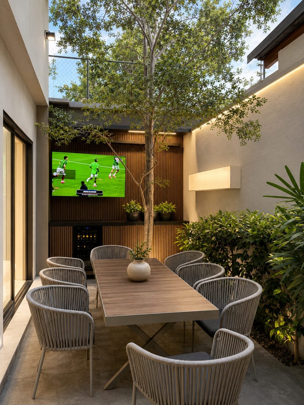 Terraza-comedor de Casa Quatro bajo el árbol, con muro de madera