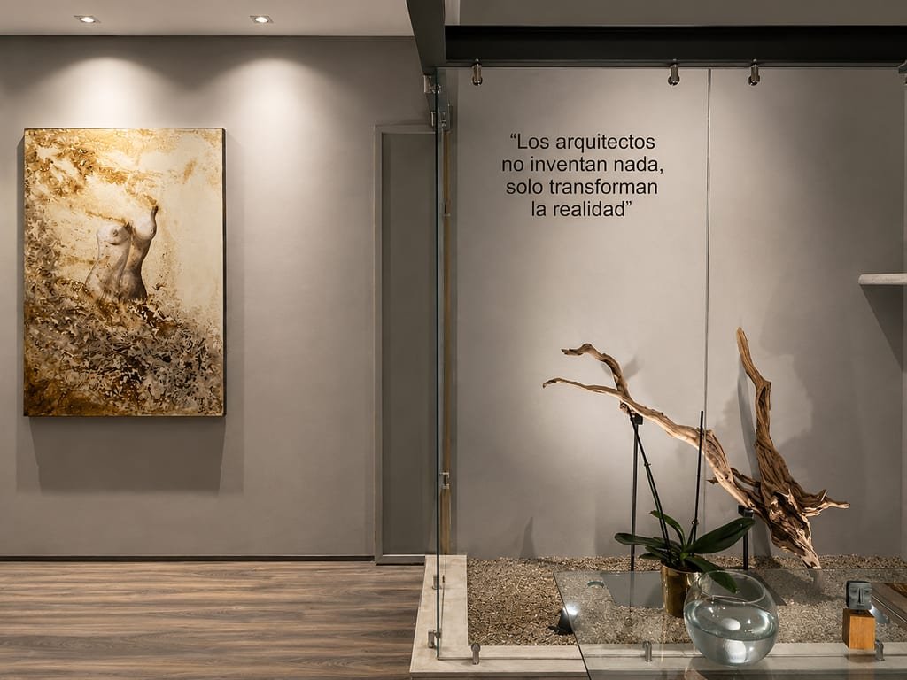 Muro de Casa Quatro con obra de arte y jardín interior