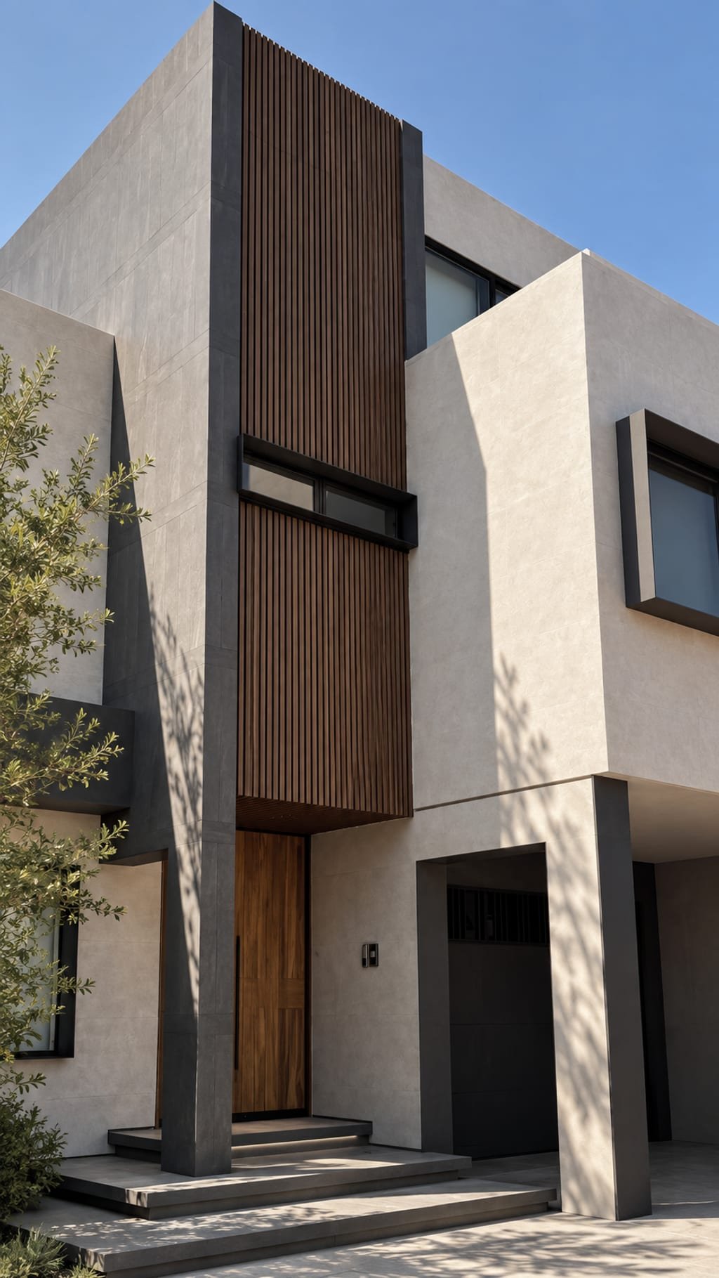 Fachada de Casa El Olivo: el volumen de celosía de madera sobre el acceso, entre paños de piedra
