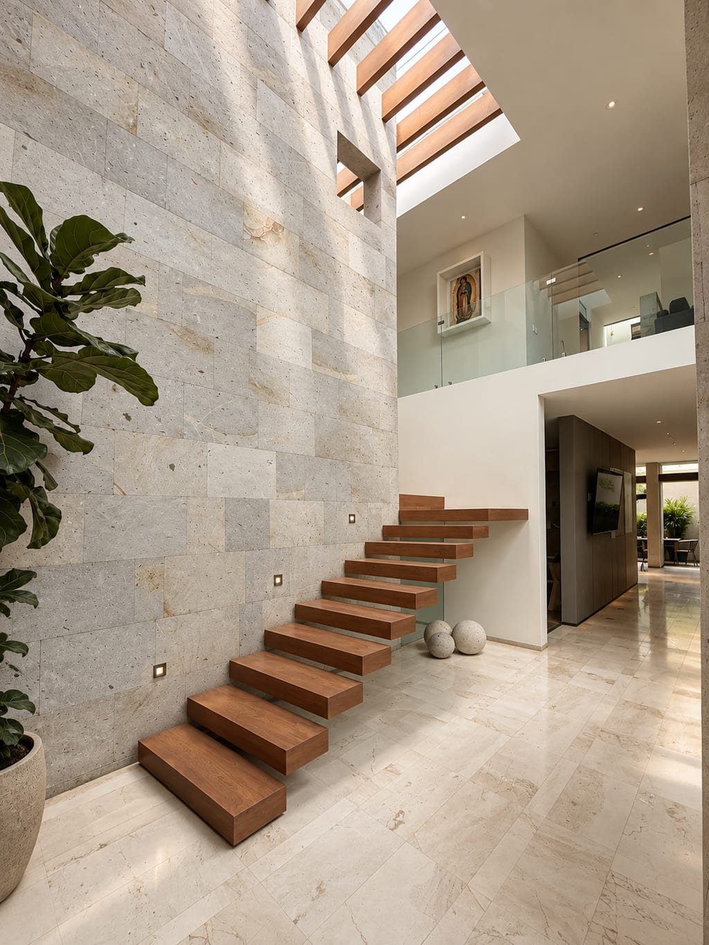 Vestíbulo de doble altura de Casa Quatro: escalera volada de madera contra el muro de piedra, bajo el tragaluz de vigas